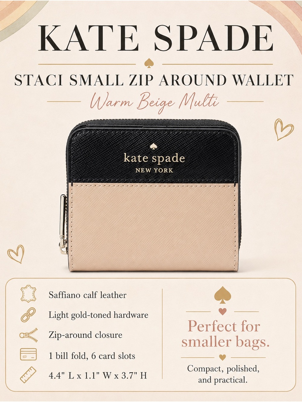 kate spade Two-Tone Zip-Around Wallet in Black and Warm Beige